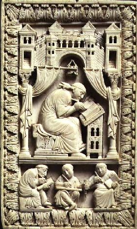 St. Gregory writing with scribes below, Carolingian c.850-875