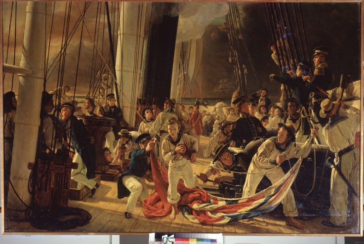 An Deck während einer Seeschlacht von François August Biard