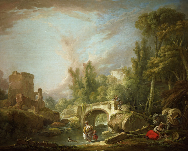 Flußlandschaft Ruine Brücke von François Boucher