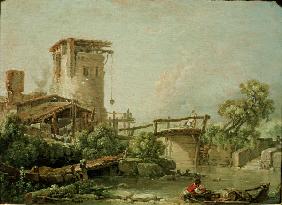 Landschaft mit Turm u.Brücke