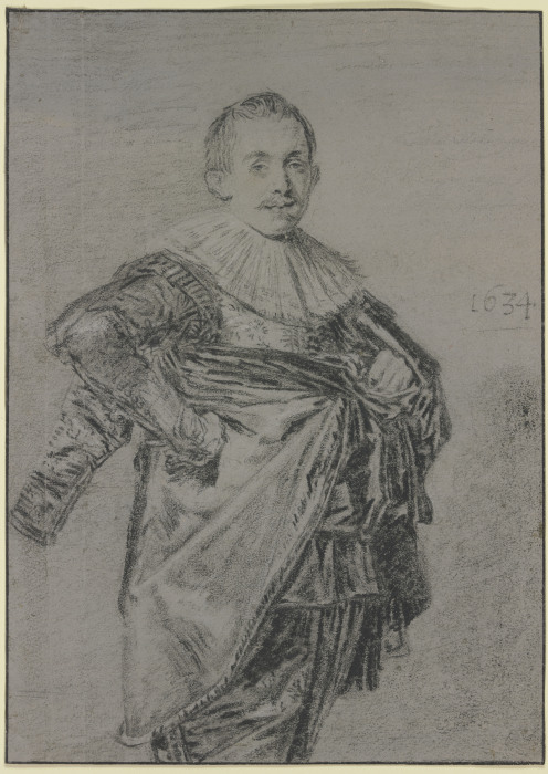 Junger stehender Mann mit Mantel und glatter Halskrause, Kniestück von Frans Hals