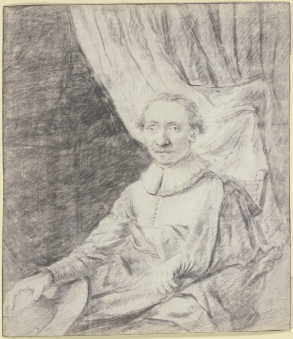 Porträt eines Mannes im Mantel, den Hut in der Hand, vor einem Vorhang sitzend von Frans van Mieris d. Ä.