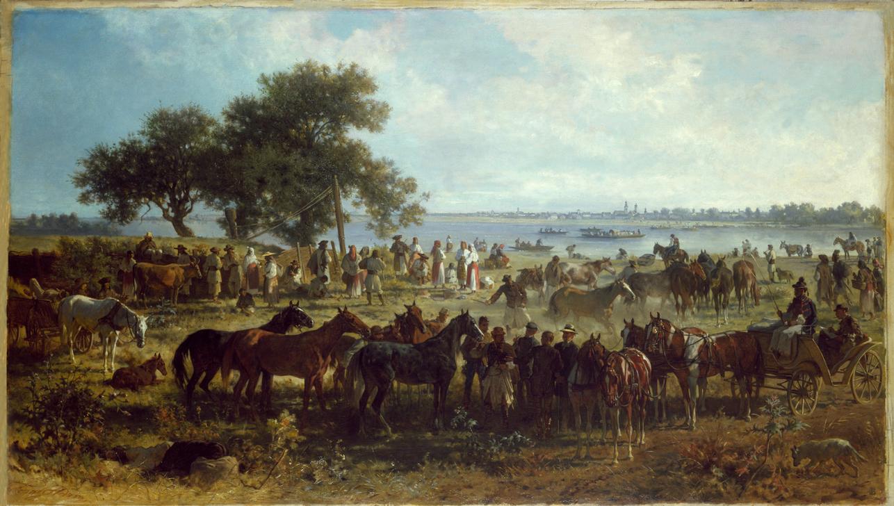 Schiffsfähre am Ufer der Theiss (Pferdemarkt am Ufer der Theiss) von Franz Adam