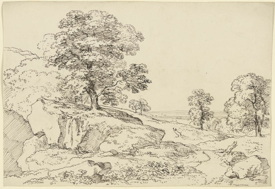 Alter Baum auf einem Felsvorsprung in einer Wiesenlandschaft von Franz Innocenz Josef Kobell