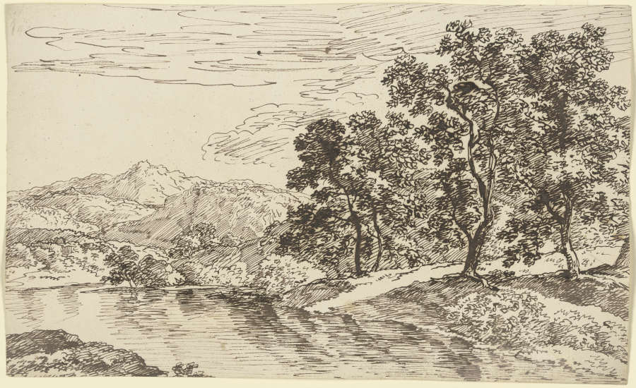 Baumbestandenes Flussufer, im Hintergrund Gebirgszug von Franz Innocenz Josef Kobell