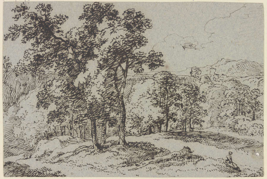 Baumreiche Landschaft, im Vordergrund eine sitzende Frau von Franz Innocenz Josef Kobell