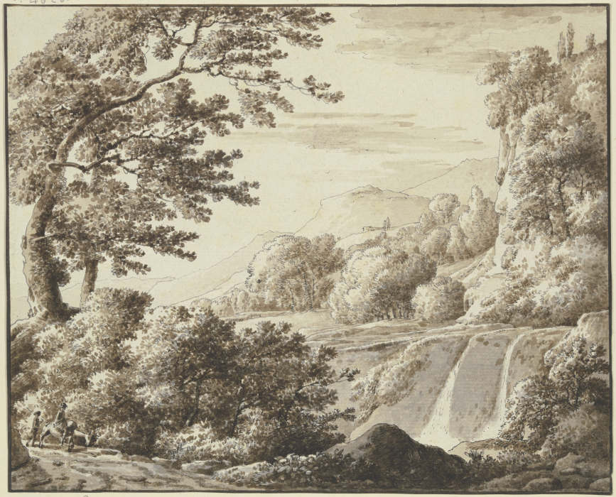 Baumreiche Landschaft mit Wasserfall von Franz Innocenz Josef Kobell