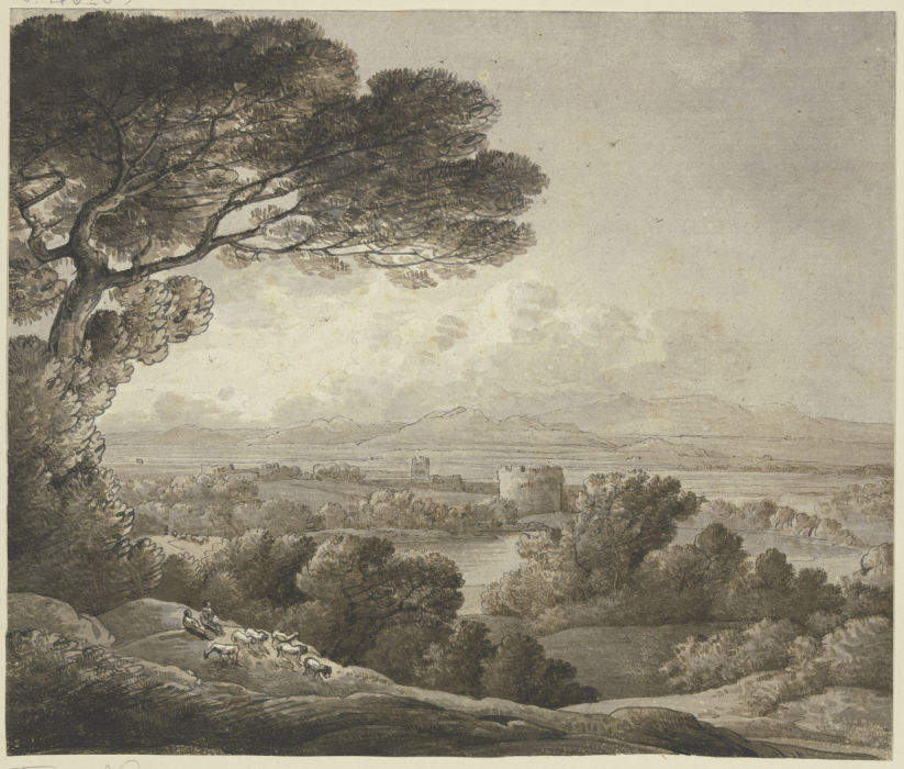 Blick über ein Tal mit mehreren Rundtürmen von Franz Innocenz Josef Kobell