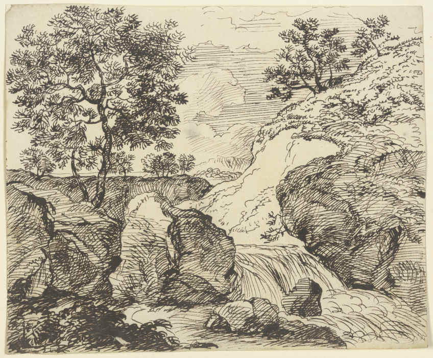 Erdrutsch an grasbewachsenem Hang an einem Fluss mit Wasserfall von Franz Innocenz Josef Kobell