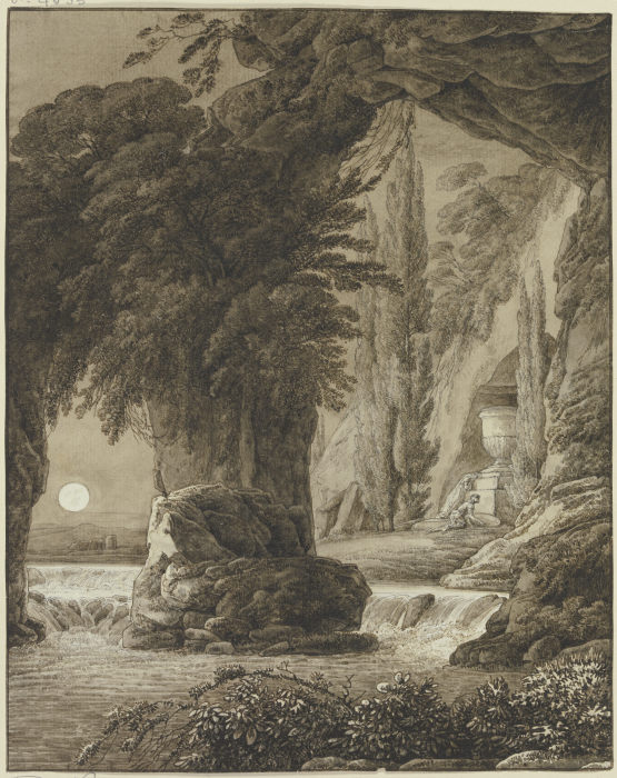 Felshöhle mit antikem Monument bei Mondschein von Franz Innocenz Josef Kobell
