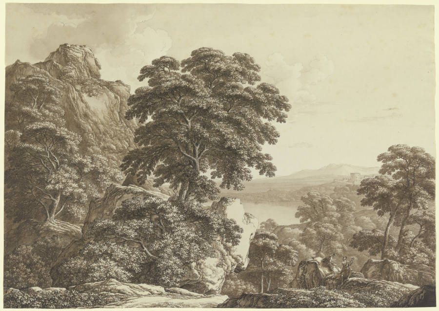 Felsige südliche Landschaft mit See und diskutierenden Einsiedlern von Franz Innocenz Josef Kobell