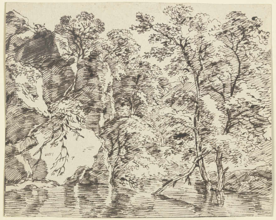 Felsige Uferböschung mit Bäumen am hoch stehenden Gewässer von Franz Innocenz Josef Kobell