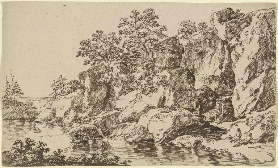 Felsige Uferböschung mit zwei ruhenden Wanderern von Franz Innocenz Josef Kobell