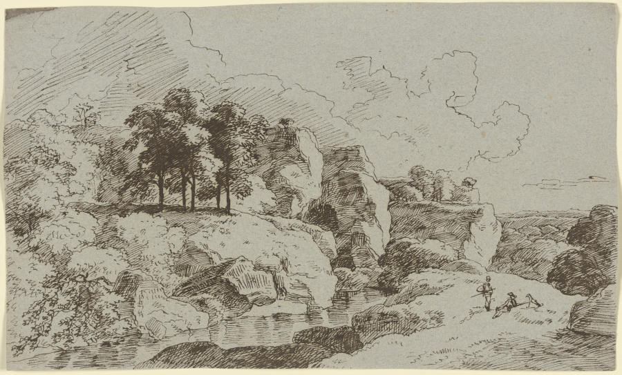 Felslandschaft mit zwei Wanderern an einem Fluss von Franz Innocenz Josef Kobell
