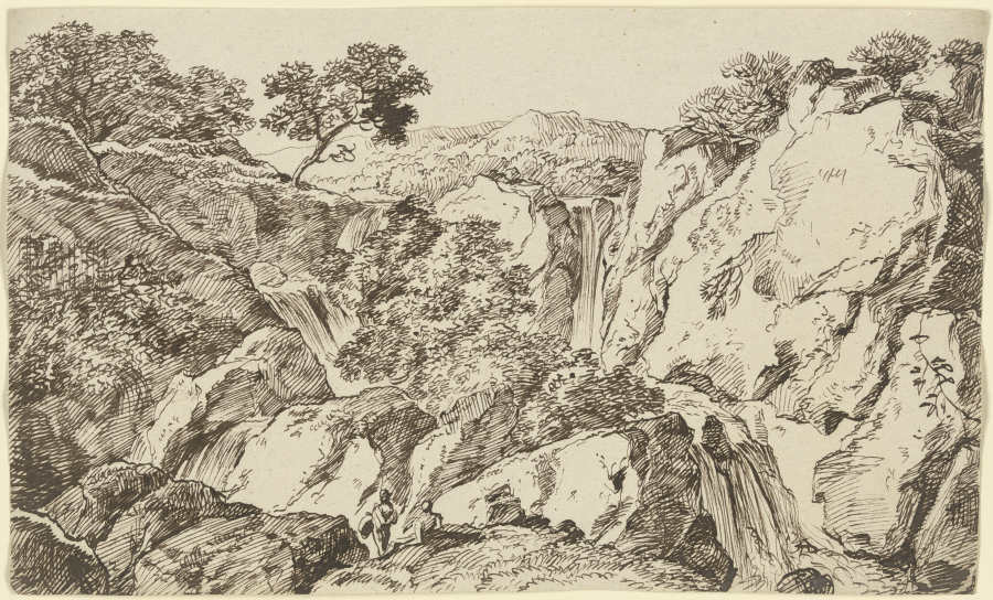 Felsschlucht mit zusammenlaufenden Wasserfällen von Franz Innocenz Josef Kobell