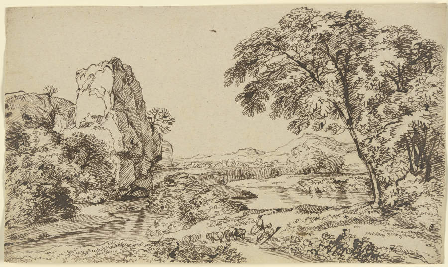Felsturm an einem Gewässer, im Vordergrund weidendes Vieh von Franz Innocenz Josef Kobell