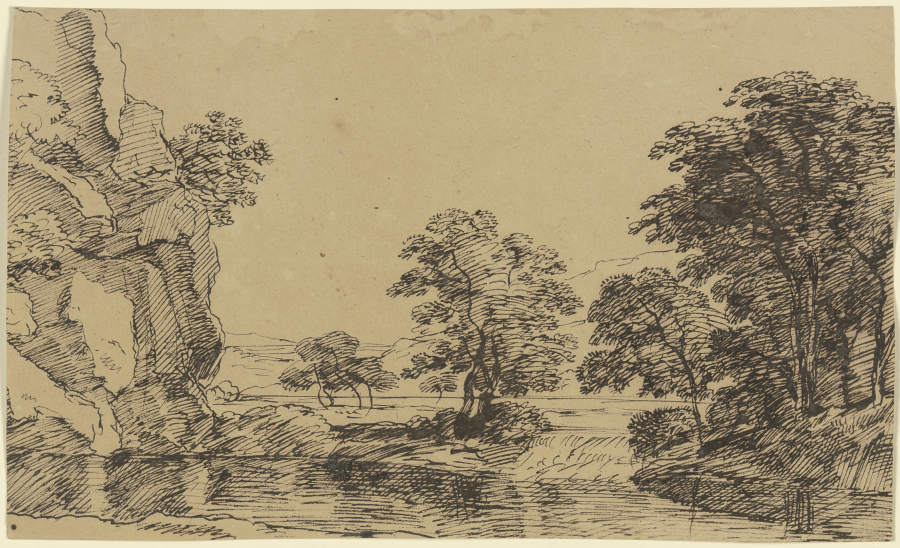 Felswand an einem Gewässer, rechts Ausblick auf Bäume und Berge von Franz Innocenz Josef Kobell