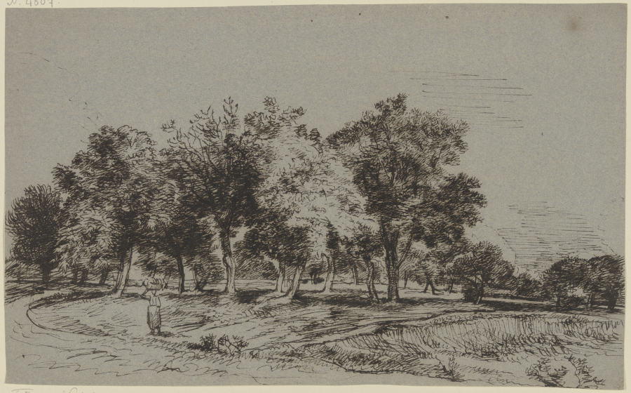 Flache Landschaft mit hohen Bäumen, im Vordergrund eine Frau mit einem Korb auf dem Kopf von Franz Innocenz Josef Kobell