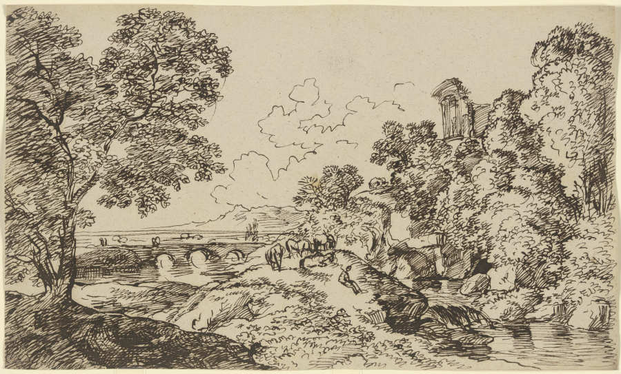 Flusslandschaft mit weidender Herde, im Mittelgrund eine Brücke und die Ruine eines Monopteros von Franz Innocenz Josef Kobell
