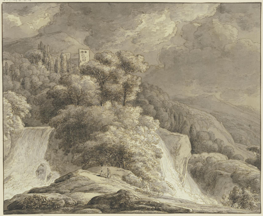 Gebirgslandschaft mit Burgruine und zwei Wasserfällen von Franz Innocenz Josef Kobell