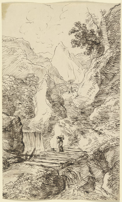 Gebirgslandschaft mit einem Wasserfall, im Vordergrund überquert ein Wanderer eine Holzbrücke von Franz Innocenz Josef Kobell