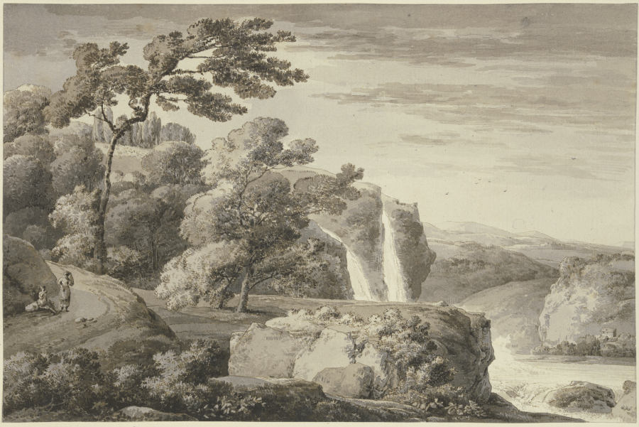 Gebirgslandschaft mit hohem Wasserfall von Franz Innocenz Josef Kobell