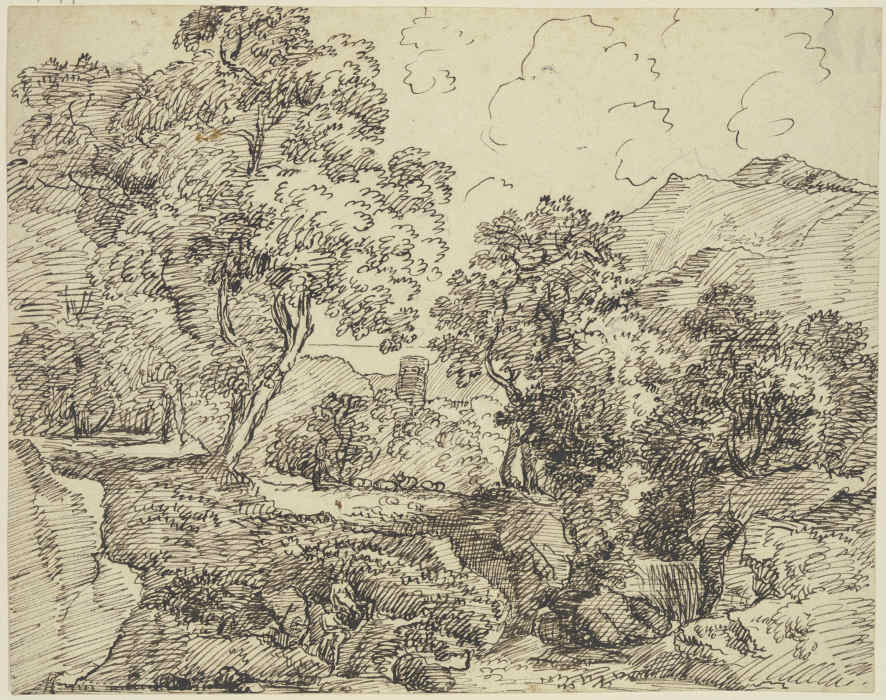 Gebirgslandschaft mit hohen Bäumen und Staffagefiguren von Franz Innocenz Josef Kobell