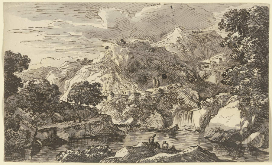 Gewässer am Fuße eines Gebirges, an den Hängen zwei Dörfer von Franz Innocenz Josef Kobell