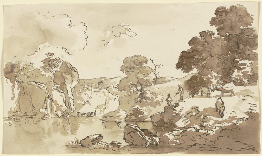 Gewässer mit hoher Uferböschung, rechts weidendes Vieh von Franz Innocenz Josef Kobell