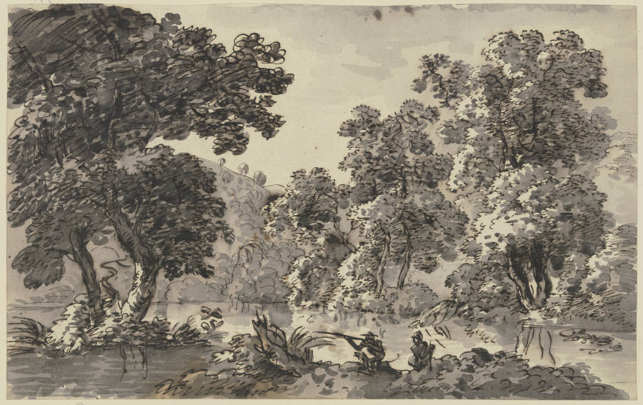 Gewässer unter Bäumen, am Ufer zwei Jäger von Franz Innocenz Josef Kobell