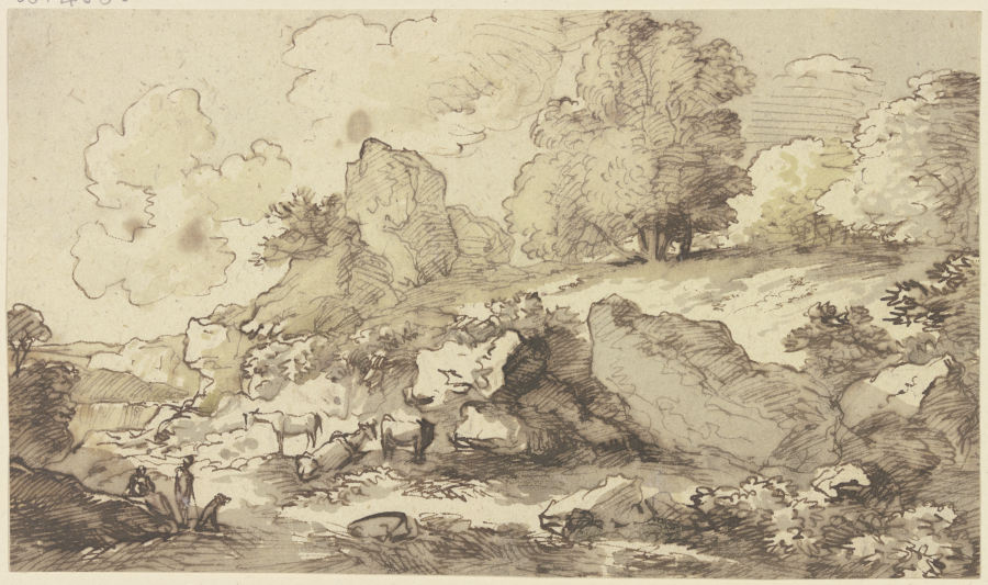 Hirten und Herde in felsiger, baumbestandener Landschaft von Franz Innocenz Josef Kobell