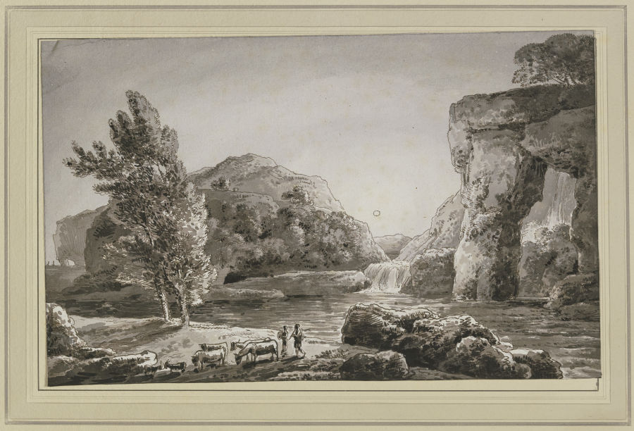 Ideallandschaft mit Wasserfall und einer Viehherde mit zwei Hirten von Franz Innocenz Josef Kobell