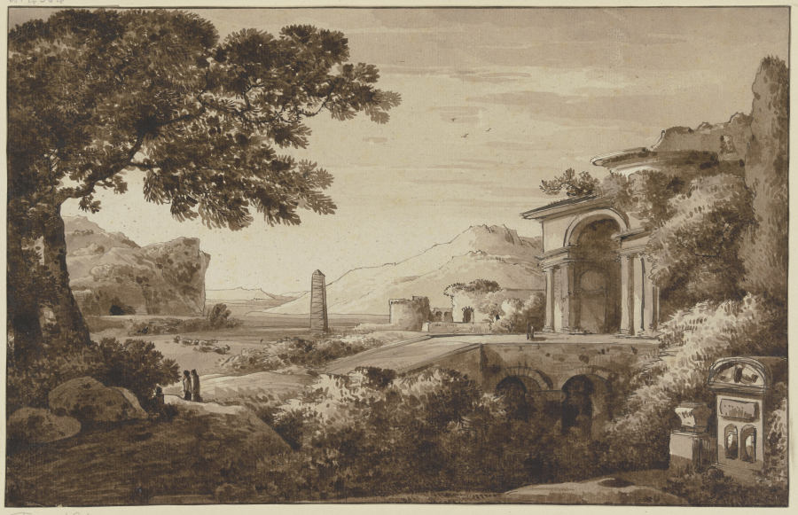 Landschaft mit antiken Bauten und einem Obelisken von Franz Innocenz Josef Kobell