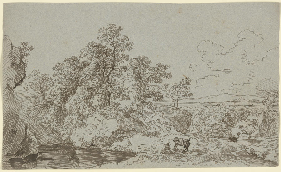 Landschaft mit einer weidenden Kuh und einem Hirten von Franz Innocenz Josef Kobell