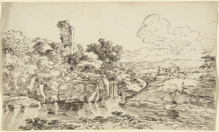 Ruine und weidendes Vieh an einem Gewässer von Franz Innocenz Josef Kobell