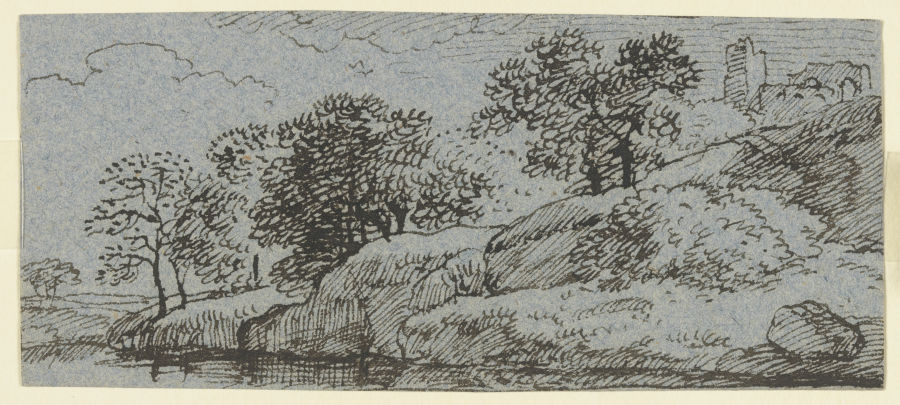 Uferböschung mit Bäumen, im Hintergrund eine Burgruine von Franz Innocenz Josef Kobell