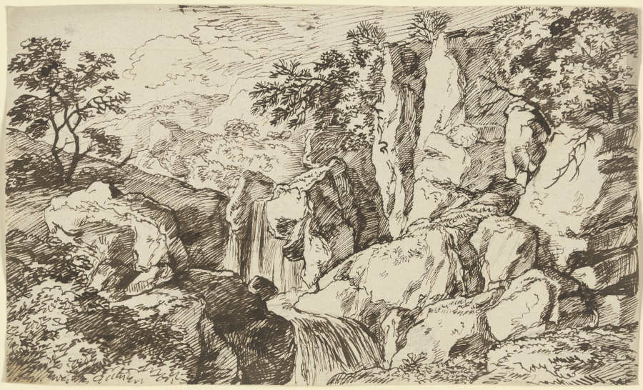 Wasserfall entlang einer Felswand im Gebirge von Franz Innocenz Josef Kobell