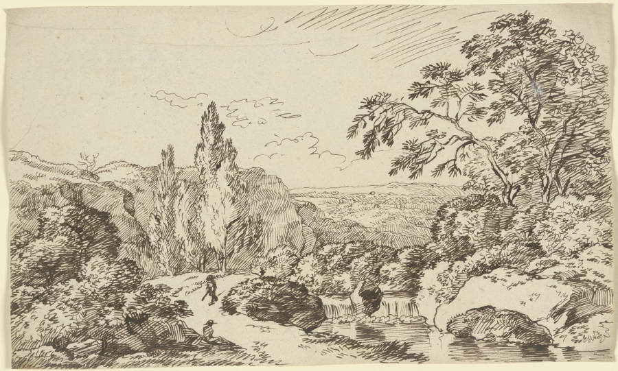 Weg entlang eines Wasserlaufes, im Hintergrund eine waldbestandene Ebene von Franz Innocenz Josef Kobell