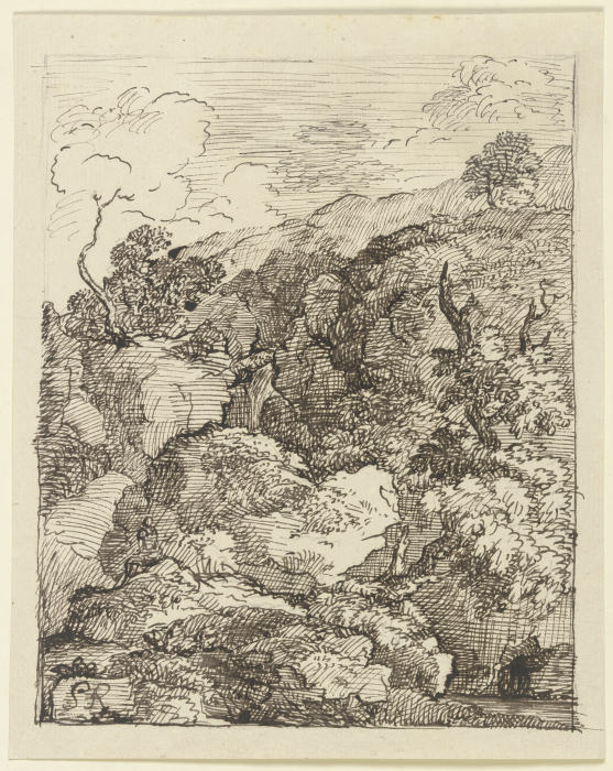 Zerklüftete Felspartie, im Vordergrund ein zerborstener Baum von Franz Innocenz Josef Kobell
