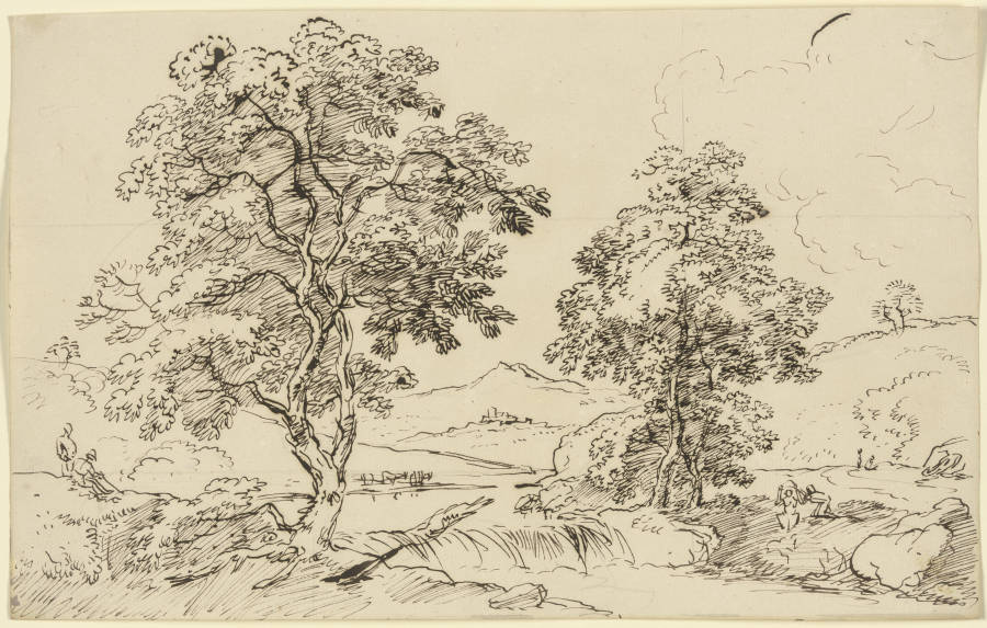 Zwei Bäume links und rechts eines Baches von Franz Innocenz Josef Kobell