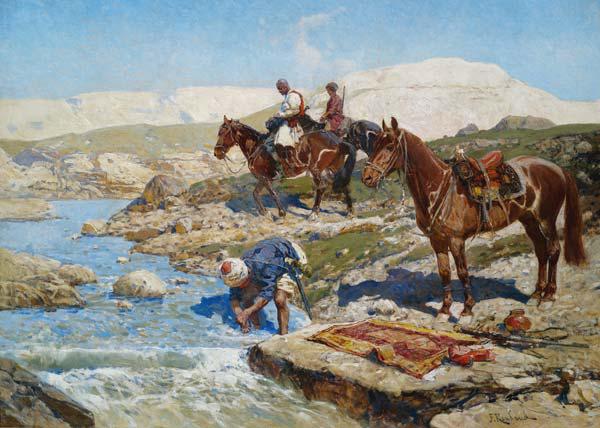 Tscherkessische Reiter an einem Fluss