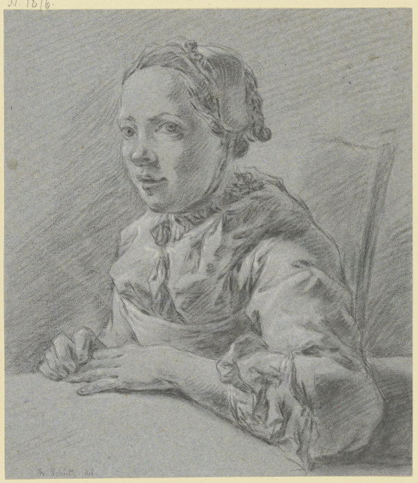 Junges Mädchen im Dreiviertelprofil nach links, an einem Tisch sitzend von Franz Schütz