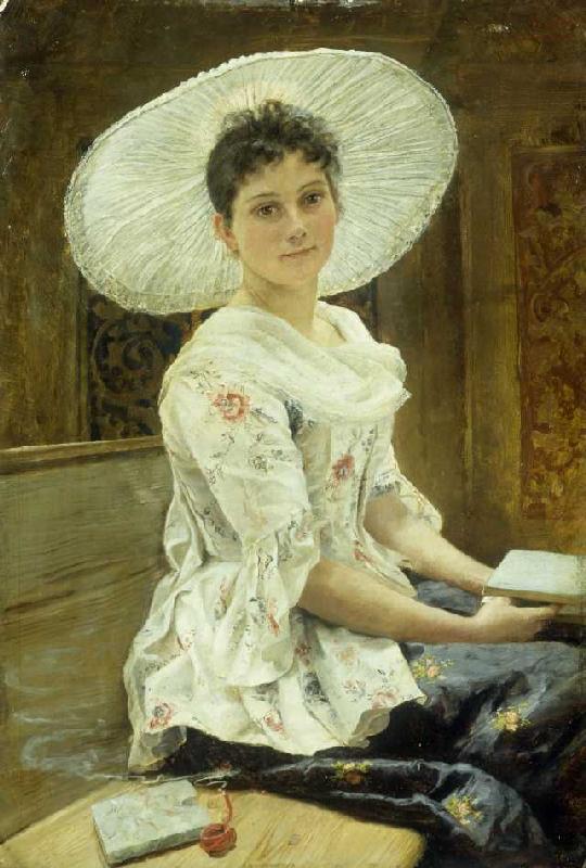 Junge Frau mit weißem Hut. von Franz Simm