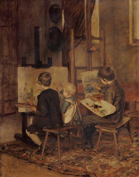 Franzl, Hansl und Friedl beim Malen an der Staffelei. 1892