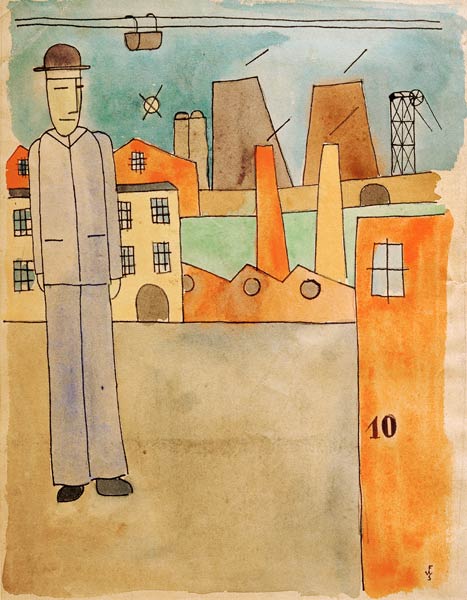 Mann mit Hut neben Fabriken von Franz W. Seiwert