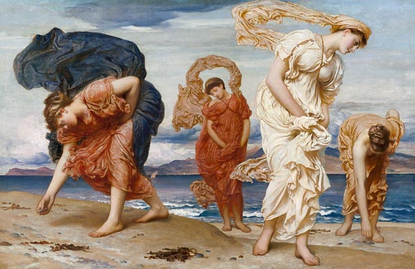 Griechische Mädchen beim Aufnehmen von Kieselsteinen am Strand von Frederic Leighton