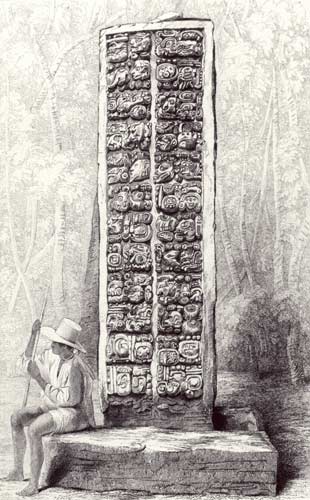 Hieroglyphs on the rear of a monument at Copan, Honduras, from volume I of 'Incidents of Travel in C von Frederick Catherwood