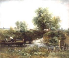 River with Horses Crossing and Skiff