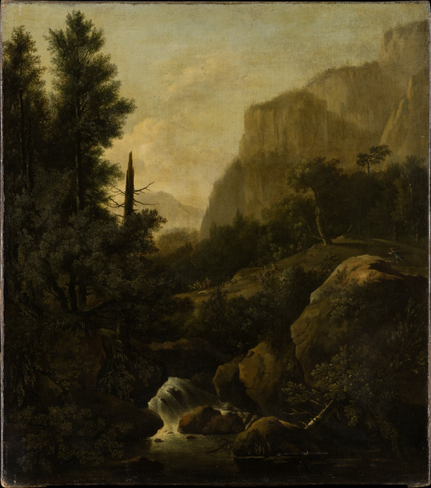 Gebirgslandschaft mit einer Hirschjagd bei einem Wasserfall von Frederik de Moucheron