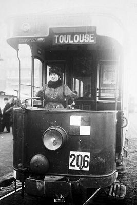 Woman driving a tram in Toulouse during World War One, 1914-18 (b/w photo) 19th